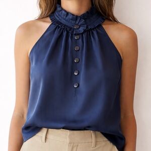 J.Crew Navy 100% Silk EUC Ruffle Neck Sleeveless Blouse XS Fits Small